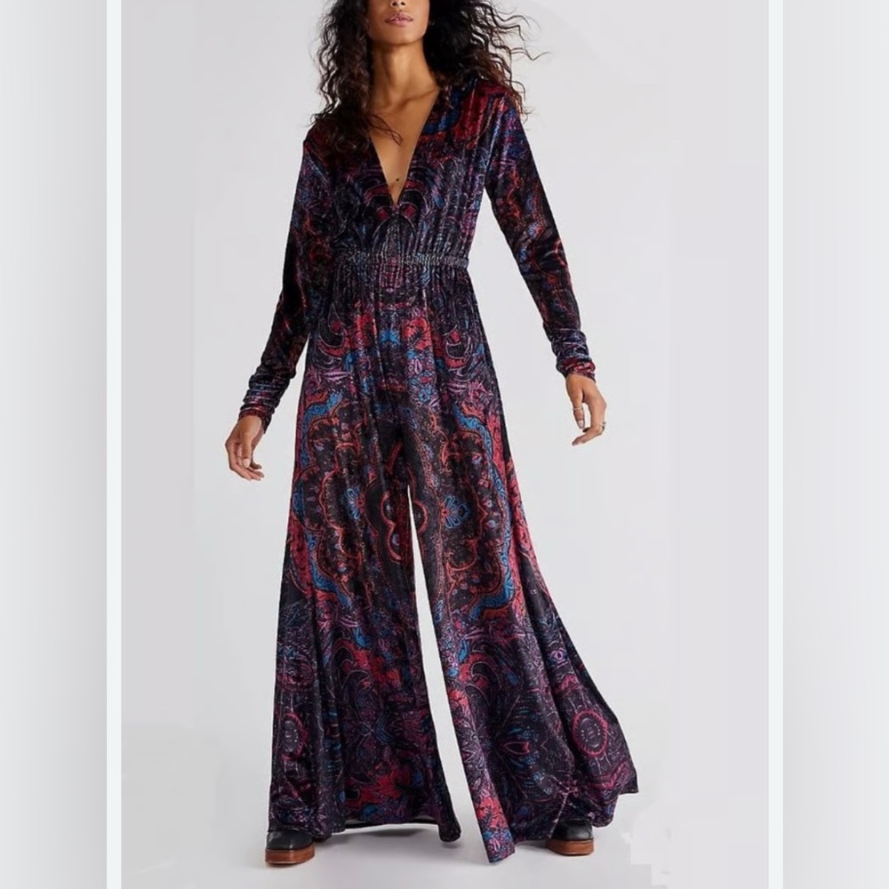 Free People Giselle Velvet Elegant Multicolor Paisley Jumpsuit w/ Pockets XS